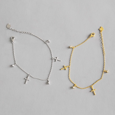 Bracciale in Argento Sterling 925 Con Croce e Zircone per Donna Elegante Oro Argento Placcato Moda Coreana Gioielli Regalo