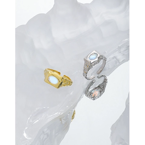 925 Sterling Silber Unregelmäßiger Lava Textur Offener Ring Für Damen Synthetischer Mondstein Eingelegt Minimalistischer Verstellbarer Fingerschmuck
