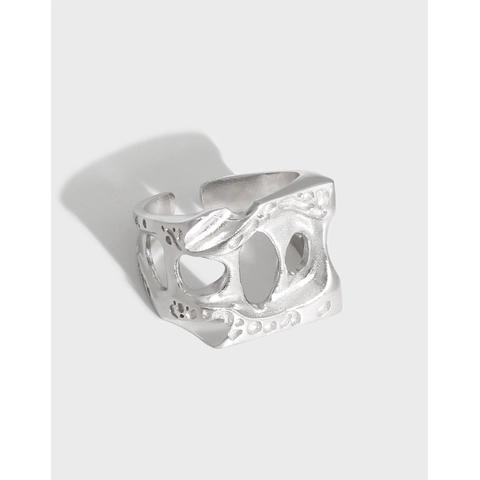 S925 Sterling Silver Hollowed-out Irregular Open Ring For Women Minimalist Liquid Metal Style Industrial Adjustable Band Jewelry