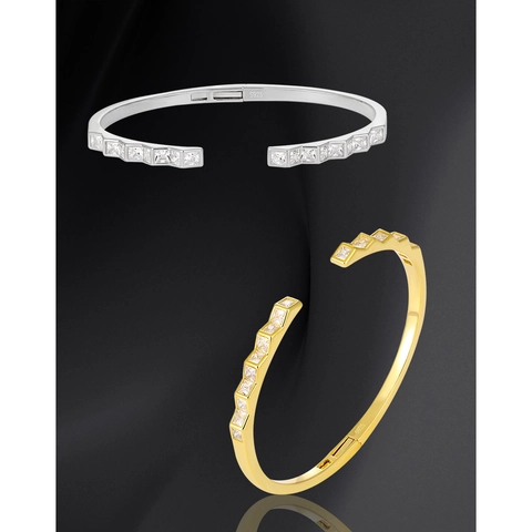 Brazalete Abierto Geométrico de Plata de Ley 925 Con Zirconia Cuadrada Incrustada Geométrica Brazalete Chapado en Oro Plata para Mujer Joyería