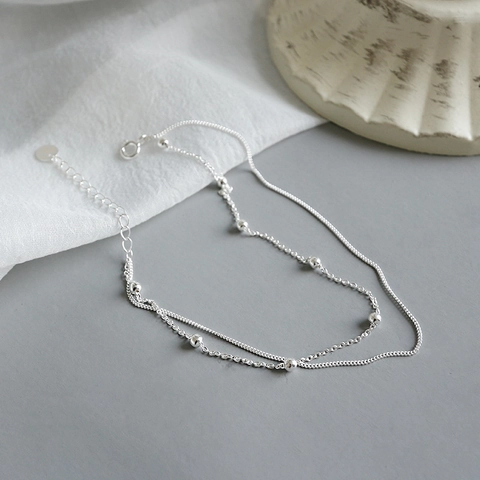 Bracelet de Cheville en Argent Sterling 925 à Double Couche avec Perles Chaîne de Pied Réglable Minimaliste pour Femme Plage