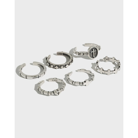 Vintage 925 Sterling Silver Ανοιχτά Ρυθμιζόμενα Δαχτυλίδια για Γυναίκες Gothic Punk Σταυρός Καρδιά Μοτίβο Παλαιωμένο Ασημένιο Δαχτυλίδι Κοσμήματα