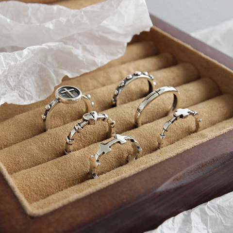 Vintage 925 Sterling Silver Ανοιχτά Ρυθμιζόμενα Δαχτυλίδια για Γυναίκες Gothic Punk Σταυρός Καρδιά Μοτίβο Παλαιωμένο Ασημένιο Δαχτυλίδι Κοσμήματα