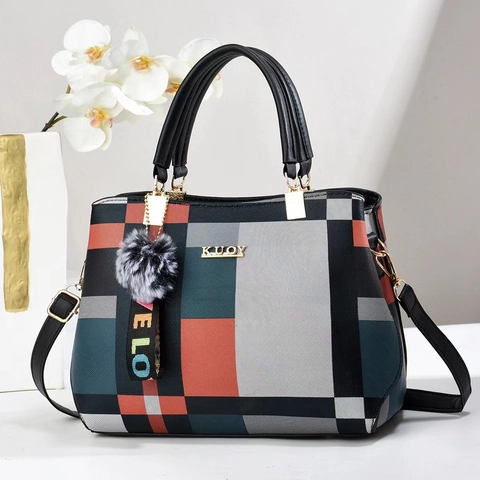 Damen Vintage Plaid Colorblock Handtasche PU Leder Umhängetasche Mit Pompon Anhänger Große Kapazität Top Handle Tasche