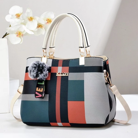 Damen Vintage Plaid Colorblock Handtasche PU Leder Umhängetasche Mit Pompon Anhänger Große Kapazität Top Handle Tasche