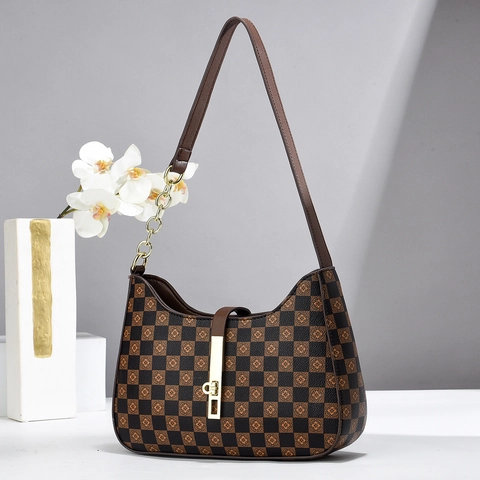 Frauen Vintage Kariert Schultertasche PU Leder Achseltasche Mit Goldkette Metallschnalle Retro Blumenmuster Hobo Tasche