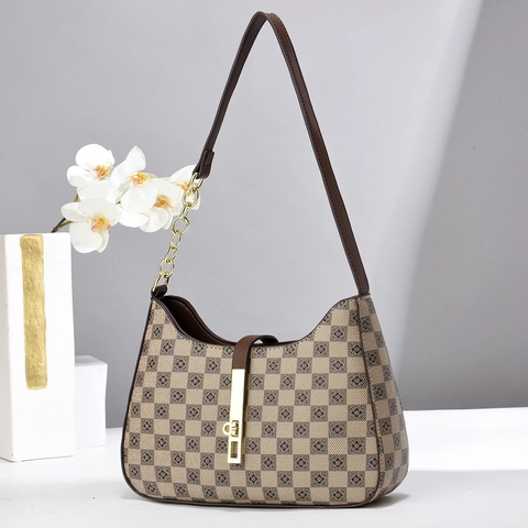 Frauen Vintage Kariert Schultertasche PU Leder Achseltasche Mit Goldkette Metallschnalle Retro Blumenmuster Hobo Tasche