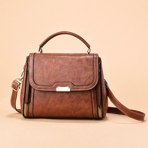 Bolso de Mano de Cuero PU Retro para Mujer Vintage Color Sólido Bolso Bandolera Con Asa y Costuras de Contraste
