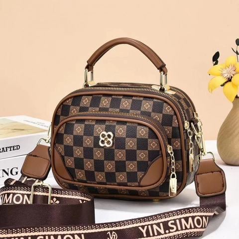 Sac Bandoulière Vintage en Cuir PU pour Femmes Sac à Main avec Fermeture Éclair Multicouche Large Bandoulière Damier Monogramme