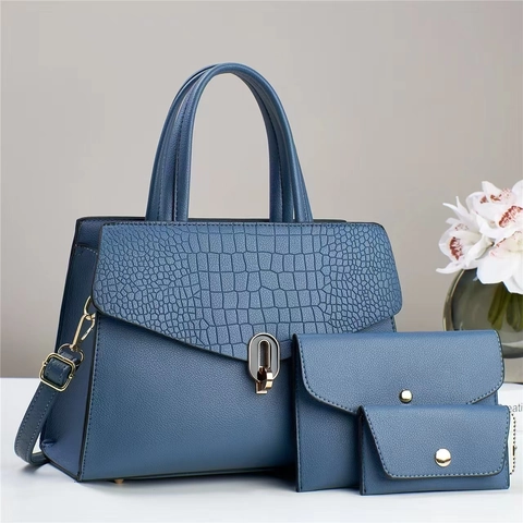 Women Elegant PU Leather Handbag Wallet Card Holder Set With Crocodile Pattern Metal Lock Business Commuter Shoulder Bag