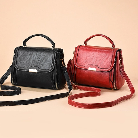 Bolso de Mano de Cuero PU Retro para Mujer Vintage Color Sólido Bolso Bandolera Con Asa y Costuras de Contraste