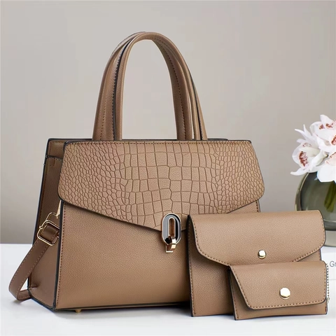 Women Elegant PU Leather Handbag Wallet Card Holder Set With Crocodile Pattern Metal Lock Business Commuter Shoulder Bag