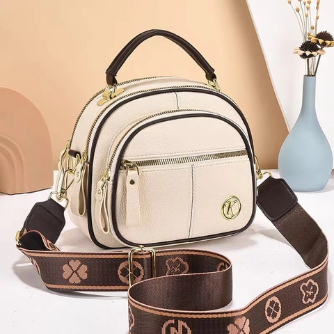 Bolso Bandolera de Cuero PU con Grano de Lichi para Mujer Redondo con Cremallera Múltiple Bolso de Mano con Correa Ancha Floral Casual