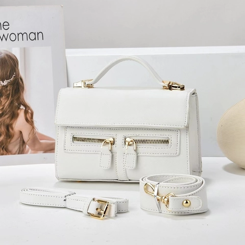 Women's Vintage Saffiano PU Leather Shoulder Bag With Double Zipper Small Square Handbag Crossbody Bag With Two Straps