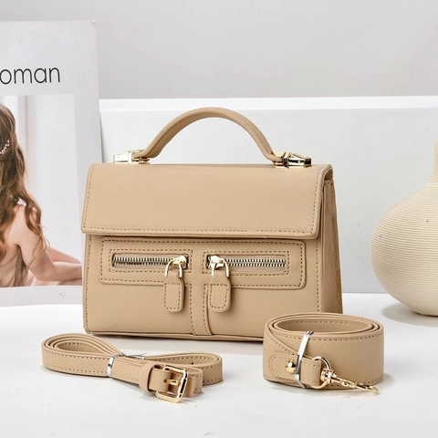 Women's Vintage Saffiano PU Leather Shoulder Bag With Double Zipper Small Square Handbag Crossbody Bag With Two Straps
