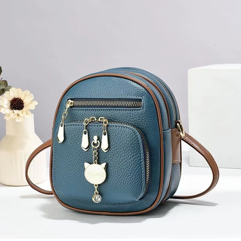 Women Fashion Mini Backpack Shoulder Crossbody Bag Triple Zipper Layer Lychee Texture PU Cute Cat Pendant Ladies Purse