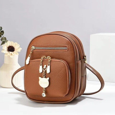 Women Fashion Mini Backpack Shoulder Crossbody Bag Triple Zipper Layer Lychee Texture PU Cute Cat Pendant Ladies Purse