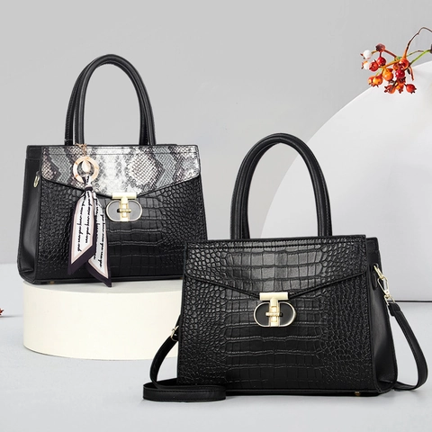 Dames Mode Krokodil Embossing Handtas Slangenpatroon Patchwork PU Leer Top Handvat Crossbody Tas Met Sjaal Elegante Metalen Sluiting