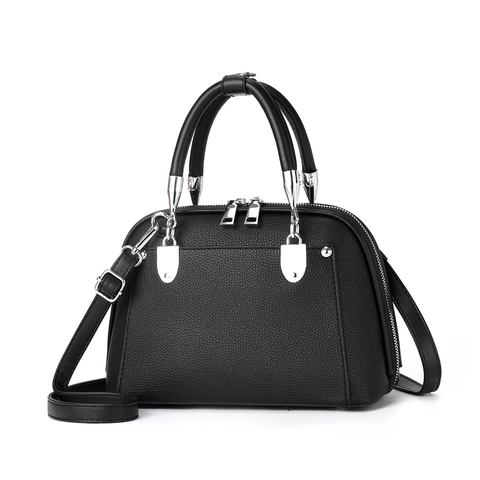 Borsa a Mano Donna in Pelle PU con Motivo Litchi a Forma di Conchiglia Tracolla e Manico Superiore con Hardware Argento