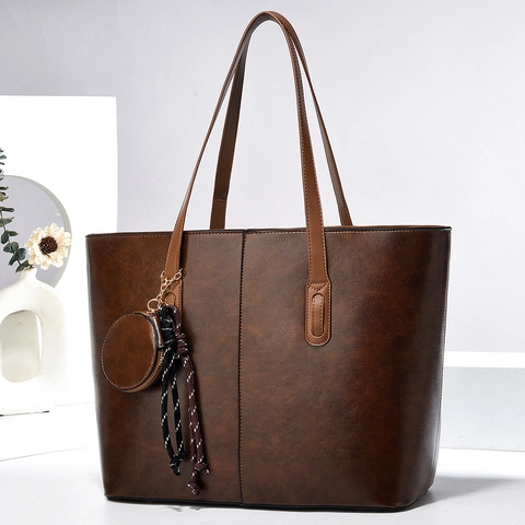 Women Faux Leather Tote Bag And Coin Purse Large Capacity Shoulder Bag Tassel Retro Daily Commute Handbag For Ladies