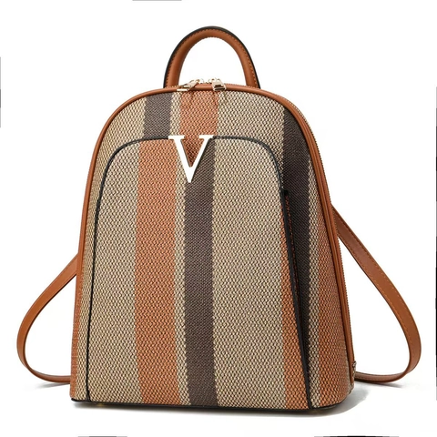 Zaino a Righe Alla Moda Per Donna In Pelle PU Grande Capacità Borsa Da Viaggio Scolastica Con Decorazione In Metallo Spallacci Regolabili