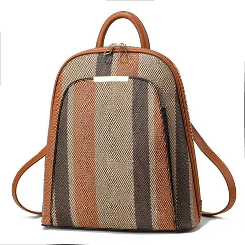 Mochila Vintage de Rayas para Mujer Moda Color de Contraste Cuero de PU Bolsa de Viaje Gran Capacidad Mochila Casual Herrajes Dorados