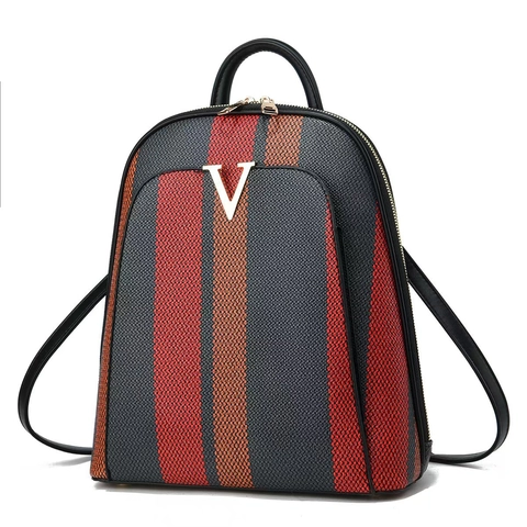 Zaino a Righe Alla Moda Per Donna In Pelle PU Grande Capacità Borsa Da Viaggio Scolastica Con Decorazione In Metallo Spallacci Regolabili