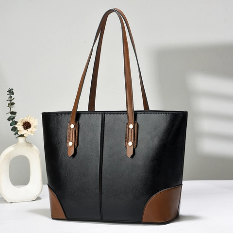 Damen Tragetasche Mit Großer Kapazität Retro PU Leder Farbblock Pendeln Schultertasche Minimalistisch Henkeltasche Arbeitstasche