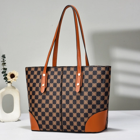 Women Vintage PU Leather Large Capacity Tote Bag Checkerboard Floral Print Shoulder Handbag Retro Daily Commuter Purse