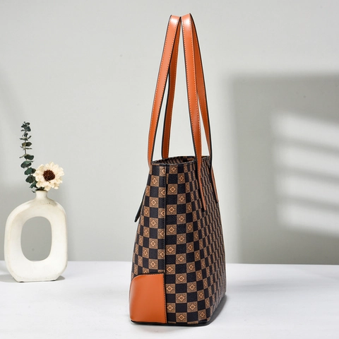 Women Vintage PU Leather Large Capacity Tote Bag Checkerboard Floral Print Shoulder Handbag Retro Daily Commuter Purse