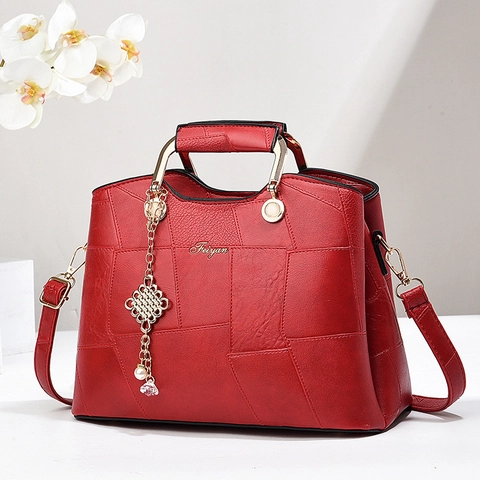 Borsa a Mano da Donna in Pelle PU con Motivo in Pietra Patchwork Geometrico Manico in Metallo Tracolla Ciondolo