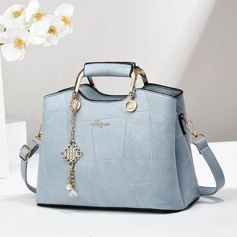 Borsa a Mano da Donna in Pelle PU con Motivo in Pietra Patchwork Geometrico Manico in Metallo Tracolla Ciondolo