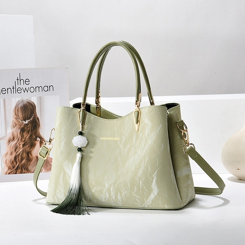 Women's Neo-Chinese Style Marble Texture Handbag Large Capacity PVC Tote Bag With Tassel Gold Hardware Shoulder Bag