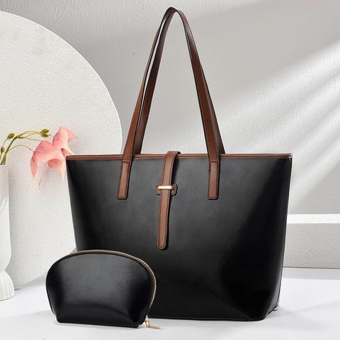 Ensemble Sac Fourre-Tout Femme Minimaliste en Cuir PU Sac à Main Grande Capacité Avec Petite Pochette Pour Bureau Travail Quotidien