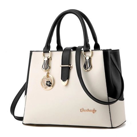 Bolso de Mano de Cuero PU con Bloques de Color de Moda Colgante de Flor de Corazón Gran Capacidad Bolso de Hombro Bandolera Elegante