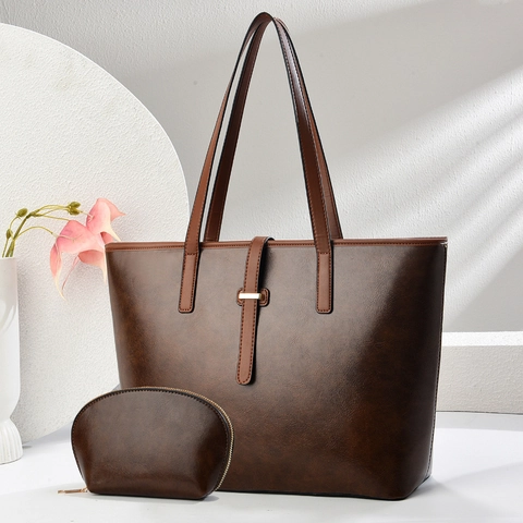 Ensemble Sac Fourre-Tout Femme Minimaliste en Cuir PU Sac à Main Grande Capacité Avec Petite Pochette Pour Bureau Travail Quotidien