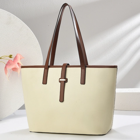 Bolso Tote de Cuero PU de Gran Capacidad para Mujer Bolso de Hombro de Color de Contraste Minimalista para Oficina
