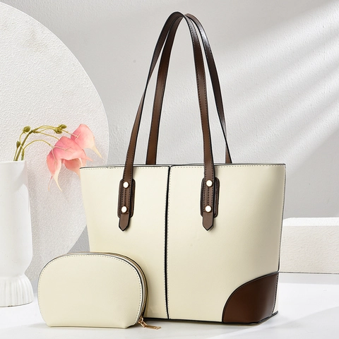 Women Large Capacity PU Leather Tote Bag Set With Pouch Vintage Contrast Color Shoulder Handbag For Daily Commuting Office Lady
