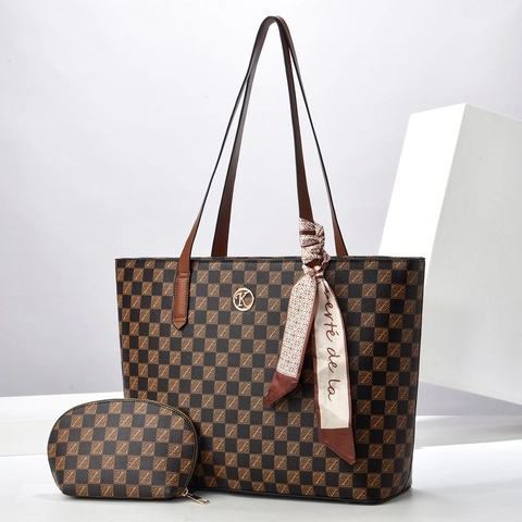 Women Large Capacity Tote Bag PU Leather Checkerboard Monogram Print Shoulder Bag With Scarf And Pouch Handbag Set