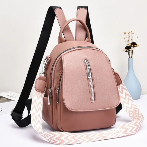 Women Lychee Grain PU Leather Backpack Multi Functional Bag With Wide Geometric Woven Shoulder Strap Silver Hardware