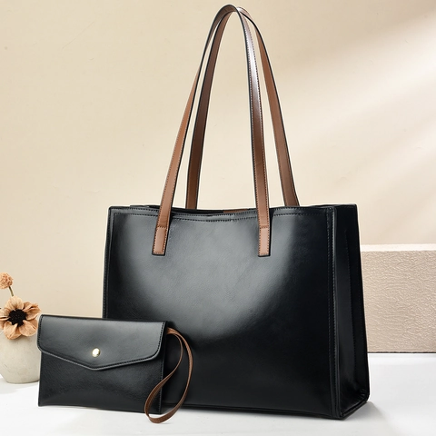 Women PU Leather Tote Bag Set With Matching Pouch Large Capacity Minimalist Solid Color Office Commute Shoulder Handbag