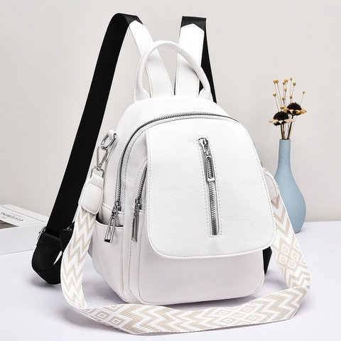 Women Lychee Grain PU Leather Backpack Multi Functional Bag With Wide Geometric Woven Shoulder Strap Silver Hardware