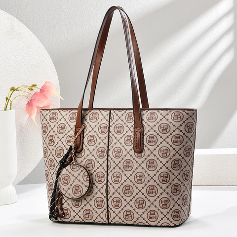 Borsa Tote da Donna con Monogramma Grande Capacità in Pelle PU con Pendente a Portafoglio Rotondo Nappa Borsa a Spalla Vintage