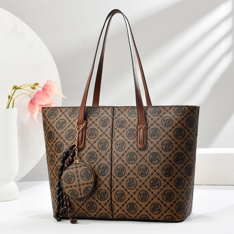 Borsa Tote da Donna con Monogramma Grande Capacità in Pelle PU con Pendente a Portafoglio Rotondo Nappa Borsa a Spalla Vintage