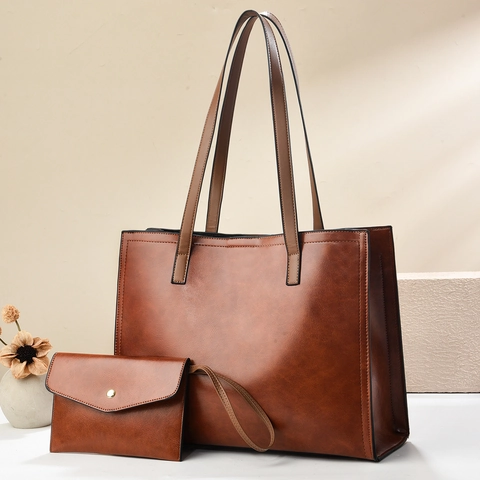 Women PU Leather Tote Bag Set With Matching Pouch Large Capacity Minimalist Solid Color Office Commute Shoulder Handbag