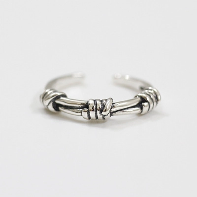 Vintage S925 Sterling Silver Rope Knot Open Ring For Women Men Distressed Thai Silver Twisted Wire Adjustable Ring Retro Punk Jewelry Gift