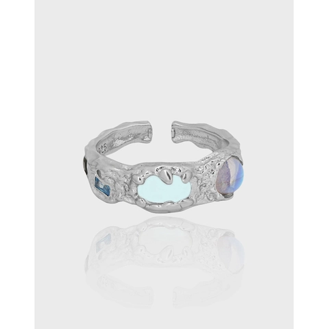S925 Sterlingsilber Unregelmäßige Lava Textur Offener Ring Mit Zirkon Synthetischer Mondstein Mode Verstellbarer Fingerring Für Damen