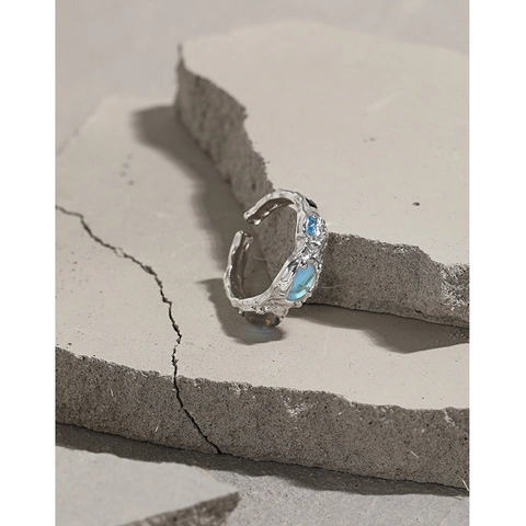 S925 Sterlingsilber Unregelmäßige Lava Textur Offener Ring Mit Zirkon Synthetischer Mondstein Mode Verstellbarer Fingerring Für Damen