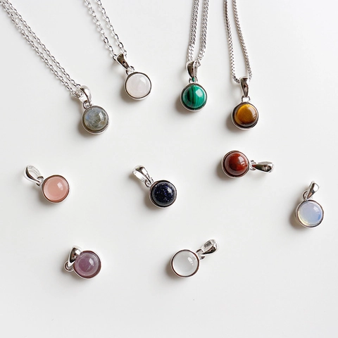 S925 Sterlingsilber Rund Edelstein Anhänger Nur (Ohne Kette) Für Damen Minimalistisch Amethyst Malachit Tigerauge Schmuck