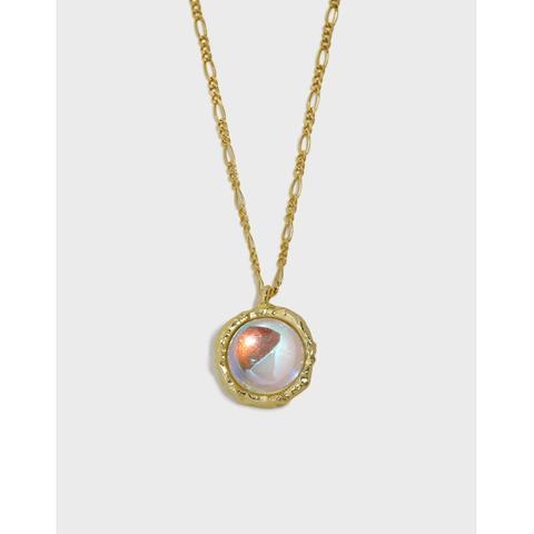 925 Sterling Silver Moonstone Pendant Necklace For Women Hammered Round Iridescent Stone Figaro Chain Jewelry Gift